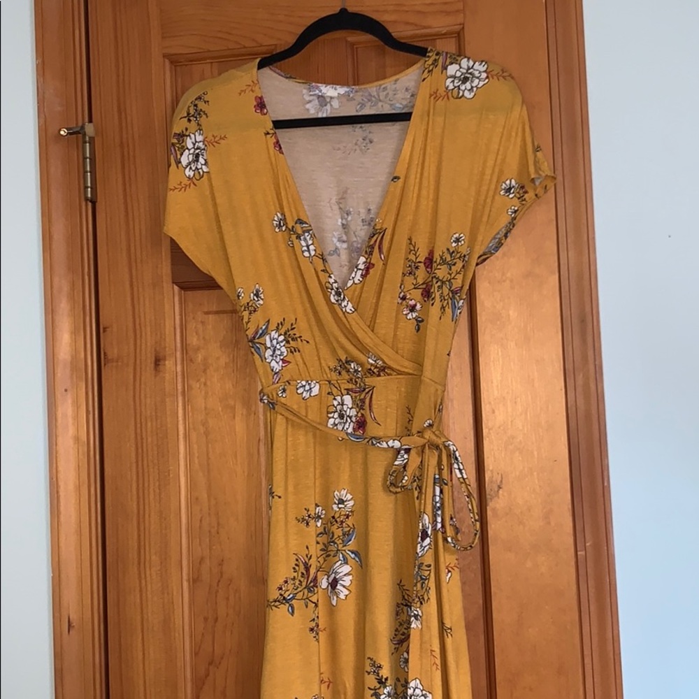 Yellow floral wrap dress